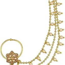 cz stone Bridal Gold Plated Floral Nose Ring and Pearl Beads Chain-picture-18