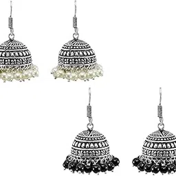 jewelopia Brass Oxidized Silver Plating Flower Shape Dangler Earrings with Multicolor Pearl Drop for Women and Girls-picture-54