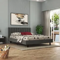 WOOD EMPIRE Modern Upholstered Queen Size Bed for Bedroom | Soild Sheesham Wood Queen Size Platform Cot Bed Without Storage | Low Height Queen Size Bed with Upholstery Premium Fabric (Gray)-image-20