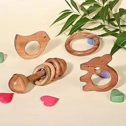 Natural Neem Wood Baby Teether & Rattle Set | Handcrafted Wooden Dumble Rattle, Bird, Teddy & Ring Shapes Toys for Infants & Toddlers | Eco-Friendly, BPA-Free & Safe for Teething Babies (Set of 4) by Girte Sambhalte-image-60