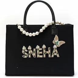Canvas Tote Bag with Pearl Handle for Women | Customizable Name | Laptop compartment | 1 Zipper Pocket | Back pocket | Elegant Everyday Work Travel Bag | Personalized Gift Tote-image-16