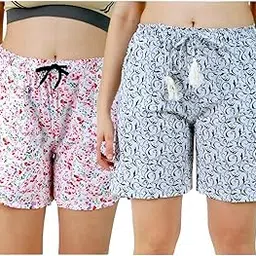 Omney Printed Cotton Casual Trendy Women's Regular Latest Western Ladies Night Wear Sleep Wear Relaxed Fit Casual Shorts Pants/Shorts for Women Wear_Free Size Combo of 2-image-0