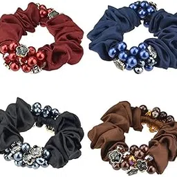 Melodio 4 Pack Hair Scrunchies,Hair Ties with Pearls,Fashion Elastic Hair bands Set Silk Hairbands Elastic Hair Rubber Bands for Women/Girls-picture-15