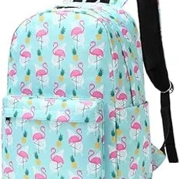 Flamingo and Pineapple Print Backpack, Mint Blue Canvas School Bag with Adjustable Straps-picture-43