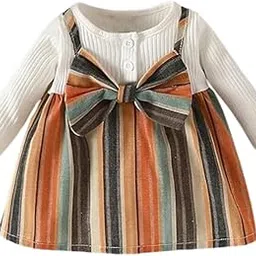 Baby Girl Striped Dress with Bow, Long Sleeve Ribbed Top, Orange Grey Teal Multicolour, Matching Hair Accessory-image-1