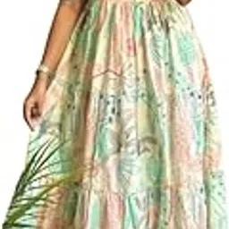 auracraft® Floral Print Midi Dress, Round Neck, Puff Sleeves, Beige with Yellow and Red, Fit and Flare-picture-55