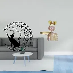 MERISHOPP Moonlit Cat Sculpture for Bedroom Entryway Modern Art Black Cat Lover Gifts Creative Resin Figurine Metal Wall Decor with Key Storage Tray-image-12