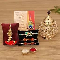 Collectible India Rakhi Gift for Brother Combo Set - Rakhi for Brother - Rakhi for Rakshabandhan Diya Gifts for Bhaiya Bhabhi- Akhand Crystal Diya Oil Lamp,Krishna Rakhi, Rudraksh Rakhi, Lumba Rakhi-image-55