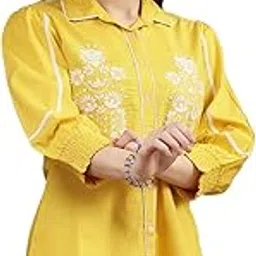 nayam by lakshita Yellow Floral Embroidered Puff Sleeve Cotton Linen Shirt Style Top for Women-picture-32