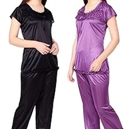 cotovia Women's Satin Plain/Solid Night Suit Set Pack of 2 Combo Set (Medium, Black and Purple)-picture-29