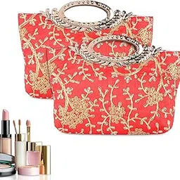 Heart Home 2 Pcs Polyester Hand Bag for Woman with Zip Closure | Ladies Purse | Lightweight Party and Wedding Clutch Purse for Women | Kada Design - Red-image-77
