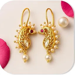 vama FASHIONS Oxidised Gold Traditional Peacock Bugadi Clip On Maharastrian Earrings upper Ear Pearl Drop Bugdi Jewelry For Women & Girls-picture-32