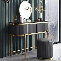 Vandana Interiors 2 Drawers Modern Gray Makeup Vanity Set Faux Marble Top Mirror & Stool Included-picture-24