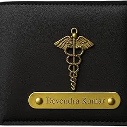 celed Personalised Medical Professional Leather Wallet with Caduceus Symbol, Gold Nameplate, Multiple Card Slots (Black) image 1