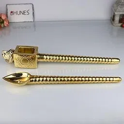 South Indian Arts Brass Lion Head Homa Spoon Set for Vedic Sacrifices Yajna, Achamani Spoons for Havan,Gold, 46Cm, 1 Piece-image-2