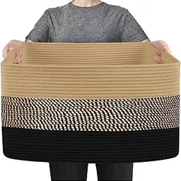 ALLURING HOMES Large Woven Storage Rectangle Laundry Basket, Foldable Toy Basket for Kids Room, Dirty Cloth Storage Basket in Living Room, (BEIGE MULTI)-image-14