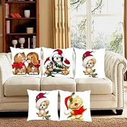 YUKU Decorative Square Shape Sofa Cushion Covers Merry Christmas Characters Printed, Set of 5 for Christmas Festival (Design-7)-picture-12