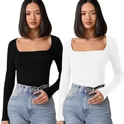 Women's Long Sleeve Slim Fit Top/T-Shirt Square Neck Casual - Pack of 2 (Combo-Sakira -P)-image-9