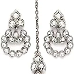 karatcart Silver Tone Kundan Studded Drop Earrings with Maangtikka Combo Set for Women-picture-35