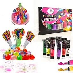 CraftVatika Neon Body Paint with Water Balloons Combo Pack for Holi Festival, Face Paint, Skin Friendly Neon UV Glow Colour Paint (6 Tubes, 111 Balloons) image 1