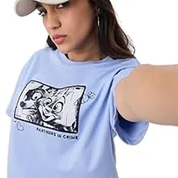 the souled store Disney: Partners in Crime Women and Girls Short Sleeves Round Neck Light Blue Graphic Printed Cotton Breathable Comfortable Streetwear Oversized T-Shirt-picture-12