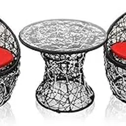 Indiid Homes 2 Seater Boho Patio Set | 2 Round Plastic Rattan Lounge Chairs + 1 Glass Top Iron Table | Indoor Outdoor Use | Home Decor, Porch, Balcony, Garden, Lawn | Black & White Finish-picture-63