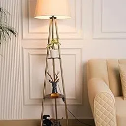 ANTIQUE NAUTICAL Floor Lamp with 3 Shelves, Antique Brass Finish, 150 cm Height, 12 inch Off-White Fabric Shade, LED Bulb Included-picture-11