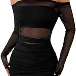 ootdfy Women's Off Shoulder Mesh Mini Dress, Black, Long Sleeve, Ruched Bodycon Style, Party Cocktail-picture-13