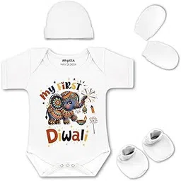 arvesa My First Diwali Unisex Romper Cap Booties and Mittens R-1752 Ideal for Diwali Dress For Baby Boy-picture-56