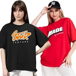 leotude Women Trendy Oversized Round Neck Printed Cottonblend T-Shirt (Pack of 2)-picture-13
