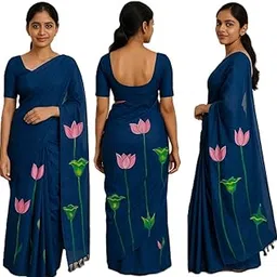 Hand-Painted Cotton Saree with Pink Lotus Design, Traditional Indian Wear-picture-26