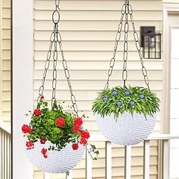 Kuber Industries Pack of 2 Hanging Flower Pots for Living Room, Home-Lawns & Gardening | Flower Planter for Balcony | Marble Euro | 7 Inch | White-image-4