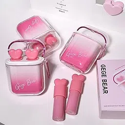 Gege Bear Dual Finish Matte to Glossy Lipstick | Long Lasting Waterproof Lip Glaze | Heart-Shaped Applicator Lip Moisturizer | Unique Design | Cute Packaging Gen Z Makeup | Smooth & Non-Sticky Gloss Formula | Light Pink Brown Nude Shades for Women (02# Sakura Tree, 2.5g)-picture-30