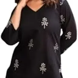 Women's V-Neck Embroidered Tunic Top, Long Sleeve, Black with Silver Tree Pattern (in, Alpha, L, Regular, Black)-picture-44