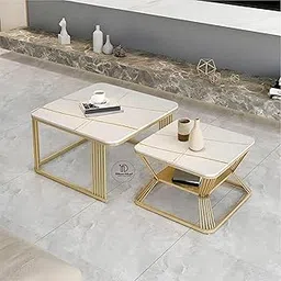 DimeSkaf Set of 2 Square Coffee and End Tables with Wooden Top Metal Frame Sturdy Nesting Design Space-Saving Side Tables for Living Room Modern Accent Furniture (Gold and White)-picture-26