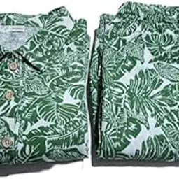 ambecian Tropical Print Cotton XL suit, Green and White Leaf Pattern, 3/4 Sleeve Collared Casual Wear-picture-53