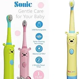 MaaLove Rechargeable Electric Toothbrush for Kids | 3 Smart Cleaning Modes With 2 Brush Heads | 2 Min Timer with auto shut-off | Sonic Cleaning Technology |IPX7 Fully waterproof, (Pink) image 1