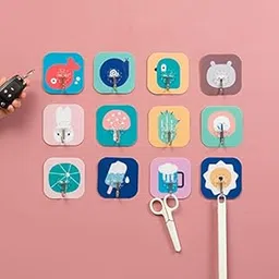 EBOFAB 10 Pcs Fancy Self Adhesive Plastic Wall Hooks Sticker Heavy Duty Hooks for Hanging 3KG (Max) Keys Coats Hats Bags Ceiling Kitchen Accessories(Random Design & Color) 7.5x8.5 cm-image-5