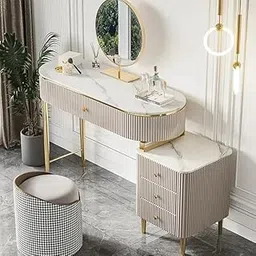 Vandana Interiors Modern 39.4" Champagne Faux Marble Top Makeup Vanity Set with 1 Stool & 1 Cabinet & 1 Mirror-image-18