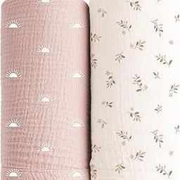 Konssy 2 Pack Muslin Swaddle Blankets, 100% Cotton Receiving Blanket Large 47 x 47 inches for Baby Boys Girls, Soft Breathable Muslin Baby Blanket for Newborn (Pink Sun,Khaki Leaf)-image-21