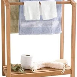 SGP Multipurpose Teak Wooden Three Rails Towel Holder Stand with Bottom Storage | Modern & Durable | Shelf for Shower Bathroom,Kitchen and Corner | 20L X 12.1W X35.4 inch |-picture-18