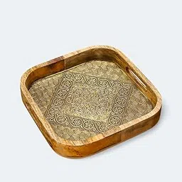 Handcrafted Wooden Decorative Tray with Carved Floral Pattern, Square Shape, Wooden with Brass Inlay Design (12x12x2 inches, 1, Count)-image-87