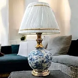 Traditional Blue and White Ceramic Table Lamp with Gold Base, White Fabric Shade, Floral Pattern-picture-37