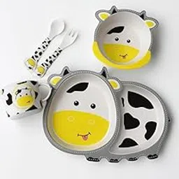 Bamboo Street 5 Piece Plastic Free Baby Feeding Set | Plate - Bowl - Cup - Fork - Spoon | Kids/Baby Crockery Tableware | Made of Bamboo| | Eco-Friendly |Organic & Natural (Chubby Cow)-picture-20