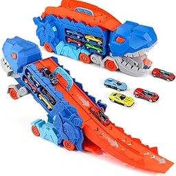 Maituuss Transport Dinosaur Truck with Foldable Sliding 25-Inch Race Track, Transforms into Standing T-rex, Stores 12 1:64 Die-cast Toy Cars, Toys for 3 4 5 6 7 8 Years Old Kids Boys&Girls-picture-22