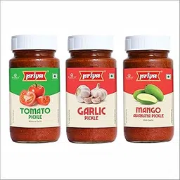 Priya Pickles Combo of 3 Pickle With Garlic Total 900gm I Tomato, Garlic,Mango avakaya I Authentic Telugu Style Achar | Traditional South Indian Taste image 1