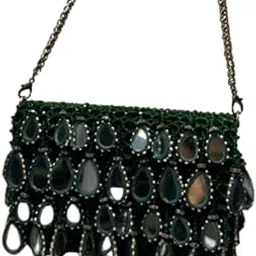 house of madhulika Green Mirror Drop Beaded Clutch Bag - Handcrafted Party & Wedding Purse-picture-18