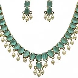 Saaga Jewels - Traditional Indian/Ethnic Gold-Tone Choker Necklace with Mint - Green Kundan-Style Sontes and Pearls with Earings.-picture-19