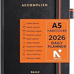 NEORAH — A5 DATED DAILY Planner 2026 ACCOMPLISH - 512 Pages of Yearly•12 Month•52 Week+Hourly•365 Daily Journal Pages•Budget•Habit Tracker-Office Diary Academic - Hardcover[Pen Loop Attachable](BLACK)-picture-20