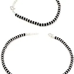 Stylish & Cool One Nazariya Anklet (Payal) & One Nazariya Bracelet with Silver & Black Beads (Crystal) in 92.5 Sterling Silver for Girls & Women (Silver)-image-0